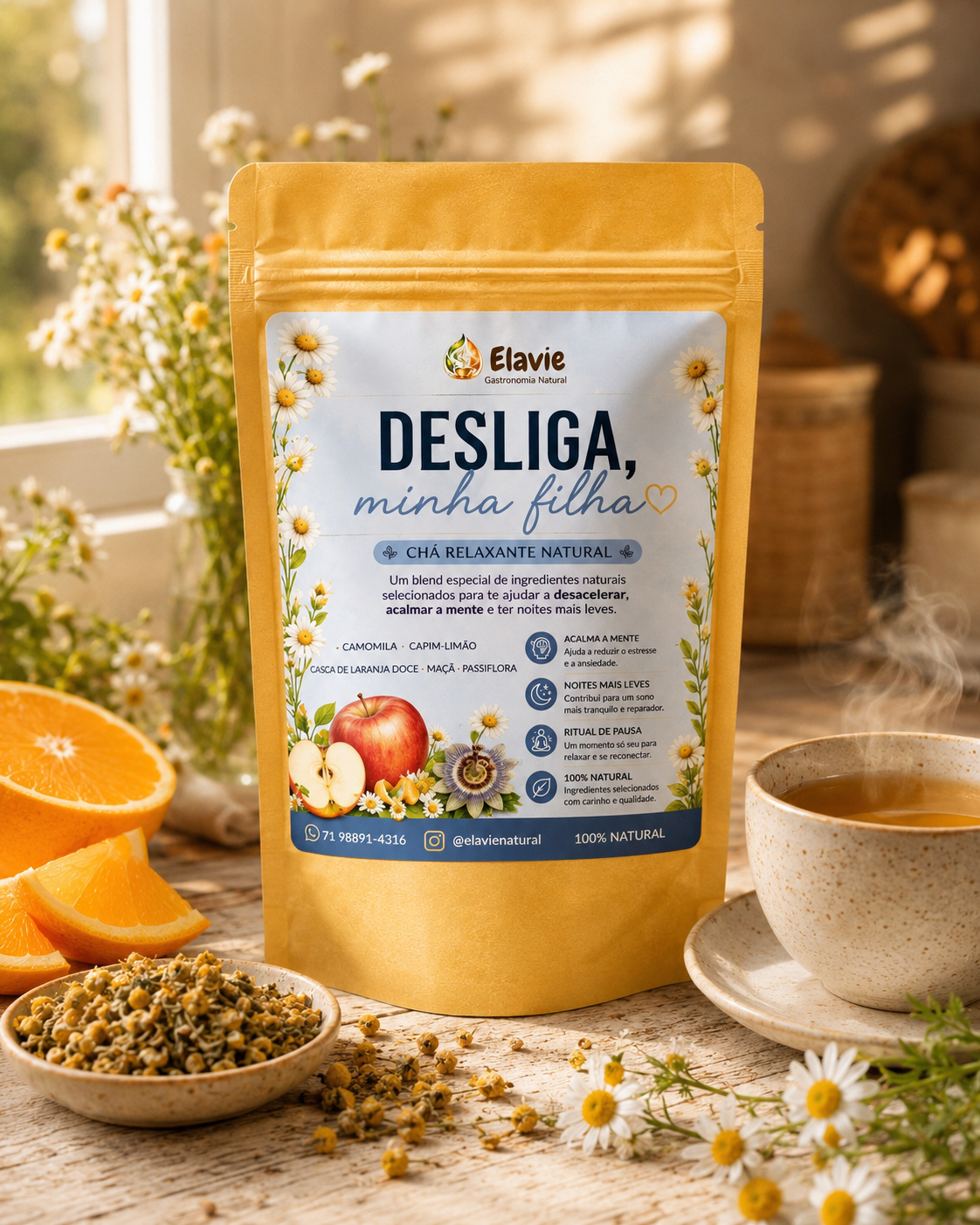 Desliga Minha Filha Elavie — xícara fumegante em cenário matinal acolhedor